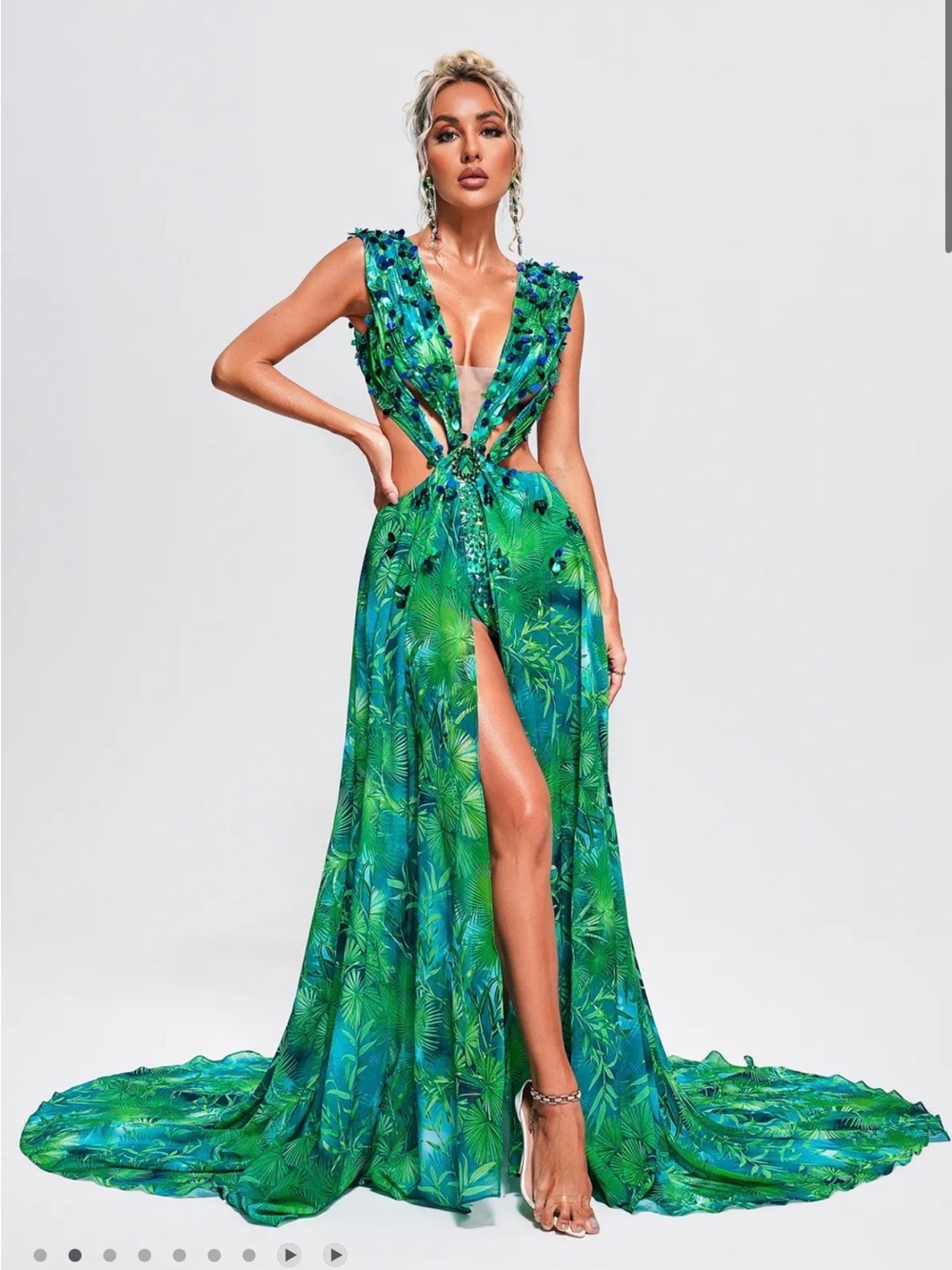 Tropical Green Cutout Maxi Gown with High Slit